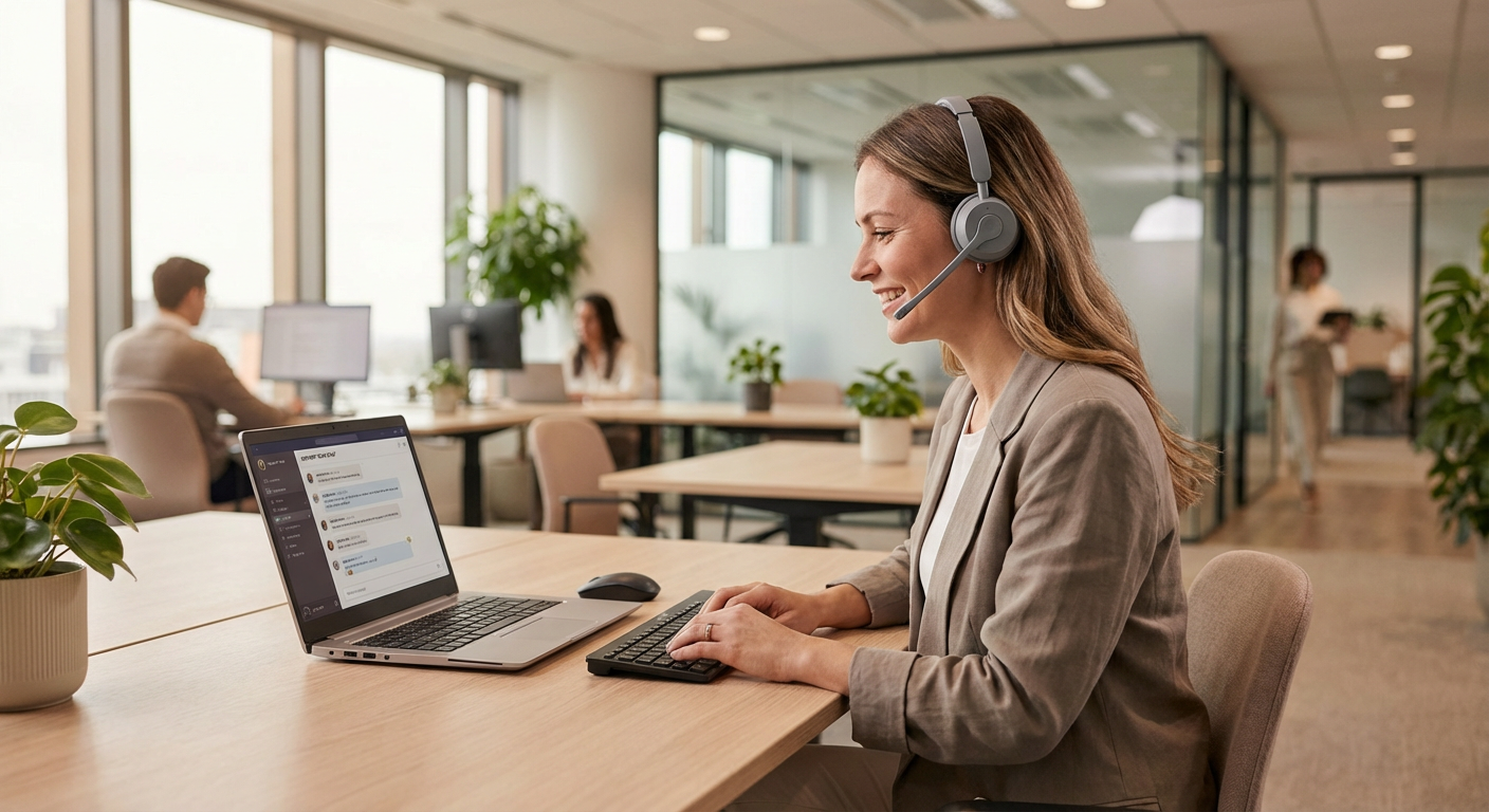 Conseillère équipée d'un casque travaillant sur une interface de chat IA